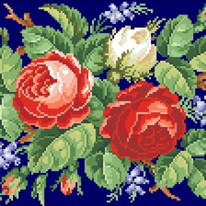 May include: A vintage-style embroidery pattern featuring a bouquet of red and white roses with green leaves and blue flowers on a dark blue background.
