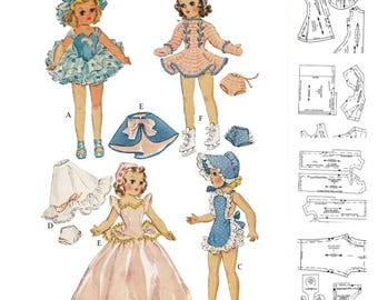 May include: Vintage paper doll image featuring four dolls in various outfits. The dolls are dressed in a blue dress with a matching bonnet, a pink dress with a matching bonnet, a pink and blue ice skating outfit, and a pink gown. Sewing patterns are also included.