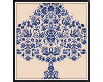 May include: A blue and white folk art style embroidery design of a tree with peacocks and floral motifs.
