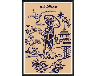 May include: Blue and white embroidery pattern of a woman holding a fan under an umbrella, with a pagoda and trees in the background.