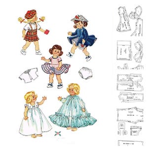 May include: Illustration of vintage children's clothing patterns. The image features drawings of little girls in various outfits, including dresses, coats, and skirts. The patterns are accompanied by diagrams and instructions for sewing.