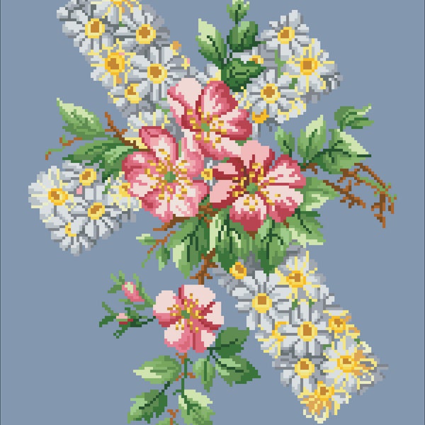 Berlin Woolwork - Vintage Cross Stitch Pdf - Religion - Cross of Flowers III - Counted Vintage Pattern Embroidery / Digital Instant Download