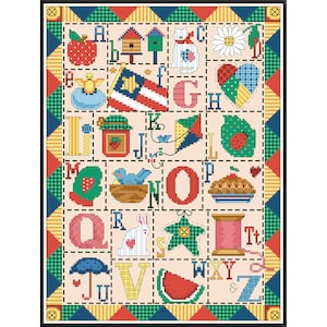 May include: A colorful alphabet chart with a patchwork design. Each letter is paired with a cute illustration, such as an apple, a birdhouse, a cat, a daisy, a heart, a jar of jam, a kite, a ladybug, a mitten, a nest, a pie, a rabbit, a star, a spool of thread, an umbrella, a watermelon, and a zipper.