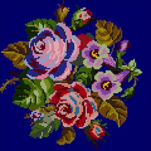Berlin Woolwork - Antique Pattern - Vintage Cross Stitch Pdf- Flower Pillow 058- Counted Vintage Pattern Embroidery/Digital Instant Download