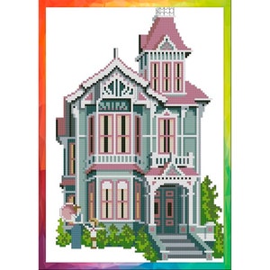 Vintage Cross Stitch Pattern Pdf - Victorian House - Broadway Street / Counted Vintage Pattern Embroidery / Digital Download