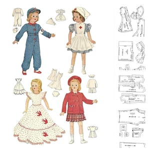Könnte beinhalten: Vintage Papierpuppen-Set mit vier Puppen in verschiedenen Outfits. Die Puppen sind in einer Krankenschwesteruniform, einem roten Mantel und einem karierten Rock, einem blauen Overall und einem weißen Kleid mit roten Akzenten gekleidet. Enthält Kleidungsmuster.