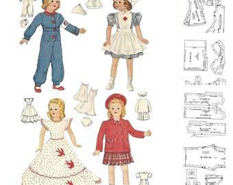 May include: Vintage paper doll set featuring four dolls in various outfits. The dolls are dressed in a nurse uniform, a red coat and plaid skirt, a blue jumpsuit, and a white dress with red accents. Includes clothing patterns.