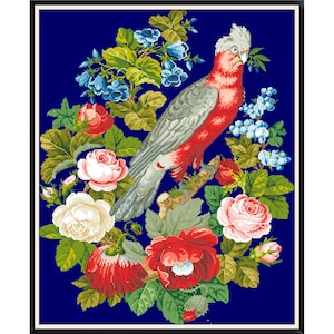 Berlin Woolwork- Antique Pattern- Vintage Cross Stitch Pdf- Birds - Parrot in Flowers I- Counted Vintage Pattern Embroidery/Digital Download