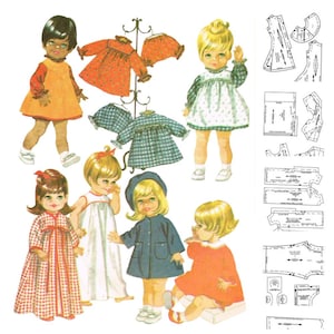 Könnte beinhalten: Vintage Illustration von Papierpuppen mit verschiedenen Outfits und einem Schnittmusterbogen. Die Puppen haben blonde, braune und schwarze Haare und tragen Kleider, Mäntel und Pumphosen in orangefarbenen, blauen, weißen und roten Mustern. Ein Metallständer zeigt einige Kleidungsstücke.