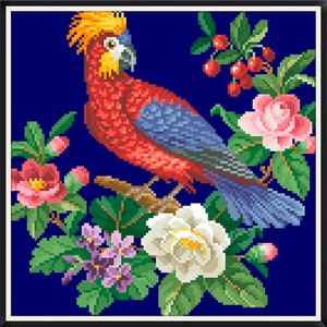 Berlin Woolwork- Antique Pattern- Vintage Cross Stitch Pdf- Birds- Parrot in Flowers VI- Counted Vintage Pattern Embroidery/Digital Download