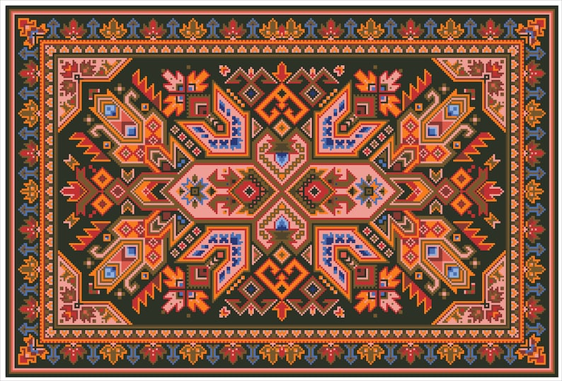 Op de afbeelding: Een traditioneel tapijt met een geometrisch patroon in tinten rood, oranje, blauw, groen en bruin. Het tapijt heeft een centraal medaillon en een rand met een repeterend motief.