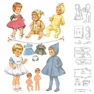 May include: A vintage illustration featuring several dolls and doll clothing. The dolls are dressed in various outfits, including dresses, rompers, and a hooded coat. The image also includes sewing patterns for the doll clothes.