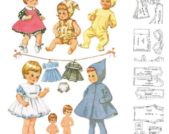 May include: A vintage illustration featuring several dolls and doll clothing. The dolls are dressed in various outfits, including dresses, rompers, and a hooded coat. The image also includes sewing patterns for the doll clothes.