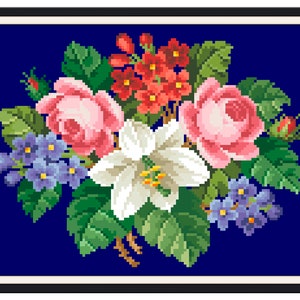 Berlin Woolwork - Antique Pattern- Vintage Cross Stitch Pdf- Flower Pillow XVI- Lilies and Violet Roses - Counted Vintage Pattern Embroidery