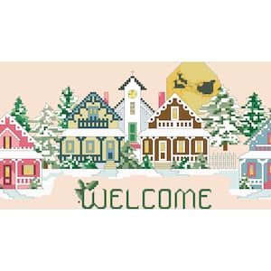 Vintage Cross Stitch Pdf / Christmas House - Holiday Welcome / Cross Stitch Art / Counted Pattern Embroidery / Digital Instant Download