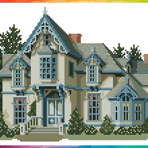 Vintage Cross Stitch Pattern Pdf - Victorian House - Moss Cottage, Oakland, California/ Counted Vintage Pattern Embroidery/ Digital Download