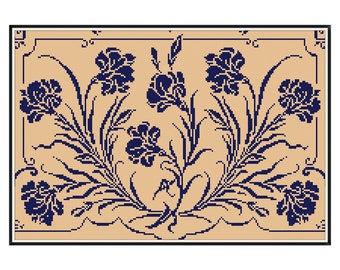 May include: A cross-stitch pattern featuring a floral design with blue flowers and leaves on a beige background.
