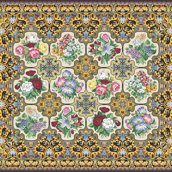 Vintage Cross Stitch Pdf - Berlin Rug - Six Flower / Counted Vintage Pattern Embroidery / Cross Stitch Carpet / Digital Download