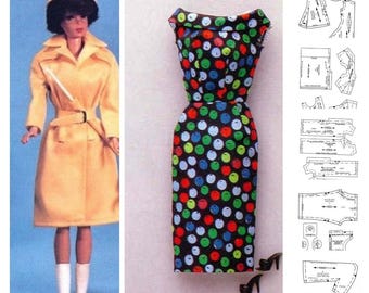 May include: A doll wearing a yellow coat with a belt and a white hat. The doll is holding a white cane. The doll is standing next to a black and white dress with colourful polka dots. The dress is sleeveless and has a scoop neck. There are sewing patterns for the dress on the right side of the image.