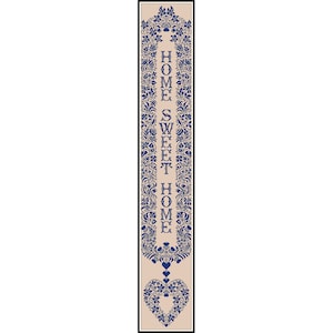 May include: A beige doormat with a blue floral design and the text "HOME SWEET HOME" in a blue font. A blue heart is at the bottom of the doormat.