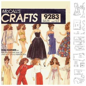 Puede incluir: Patrón de McCall's Crafts número 9283 para ropa de muñecas. El patrón incluye instrucciones y plantillas para hacer una variedad de atuendos para una muñeca de moda de 29 cm, incluyendo un vestido, un traje de baño, una falda, una blusa y un mono.