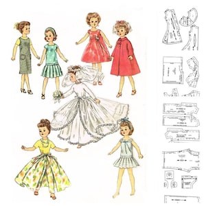 May include: Vintage paper doll illustrations featuring various dresses, including a wedding gown, and a pattern sheet. The dolls are depicted in a variety of outfits, including a green dress, a red coat, and a yellow top with a floral skirt.