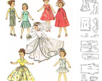 May include: Vintage paper doll illustrations featuring various dresses, including a wedding gown, and a pattern sheet. The dolls are depicted in a variety of outfits, including a green dress, a red coat, and a yellow top with a floral skirt.