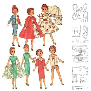 Puede incluir: Ilustración de muñecas de moda vintage con varios atuendos, incluyendo un traje azul, un abrigo rojo sobre un vestido floral y un conjunto de estilo marinero. Las muñecas están representadas con ropa y accesorios detallados, mostrando un estilo retro.