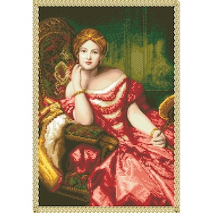 Vintage Cross Stitch Counted Pdf - 19th Century Paintings - Vintage Pattern Embroidery #Lady in Red / Digital Instant Download