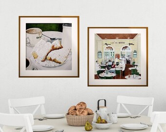 Minimalist Art Print New Orleans Art Kitchen Wall Art Original Colored Pencil Art of Coffee and Beignets Fine Art Print