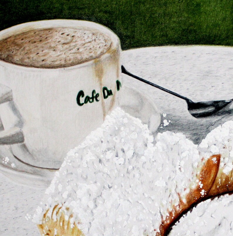 Minimalist Art Print New Orleans Art Kitchen Wall Art Original Colored Pencil Art of Coffee and Beignets Fine Art Print