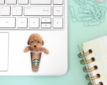 Puppy in a Starbucks Cup Sticker // Starbucks stickers, Puppy stickers, Dog stickers, Puppy gifts, Coffee sticker, Drink stickers