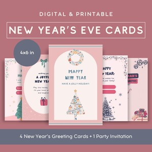 5 bundel digitale oudejaarskaarten + 1 uitnodiging voor feest, AFDRUKBARE vakantiesjablonen, 4 x 6 inch, direct downloaden, personalisatie beschikbaar
