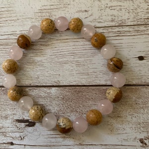 Amazonite and Brown Jasper Semi Precious Hand Strung Stretch Bead Bracelet