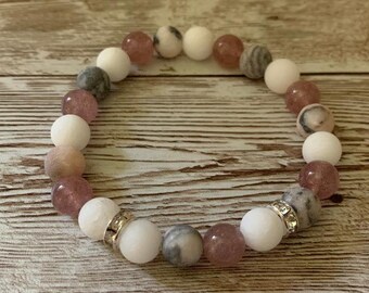 Amazonite and Brown Jasper Semi Precious Hand Strung Stretch Bead Bracelet