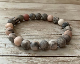 Amazonite and Brown Jasper Semi Precious Hand Strung Stretch Bead Bracelet