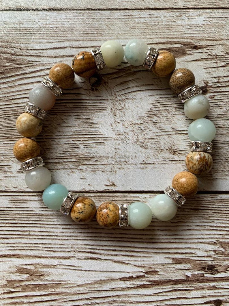 Amazonite and Brown Jasper Semi Precious Hand Strung Stretch Bead Bracelet