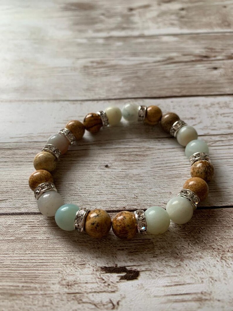 Amazonite and Brown Jasper Semi Precious Hand Strung Stretch Bead Bracelet