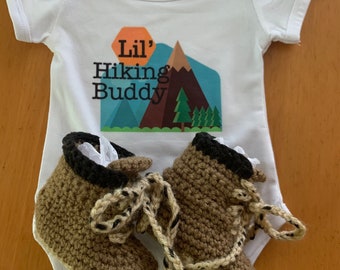 Lil' Hiking Buddy Set- onesie and crocheted hiking boots/ Lil' Running Buddy Set/Lil' All Star/ Dad's Golfing Buddy/