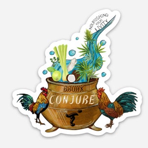 May include: A brown cauldron with the words "Bruhx Conjure" on the side, surrounded by green plants, a blue liquid, and two roosters. The text "Nourishing Your Ivity" is written on a blue swirl above the cauldron.
