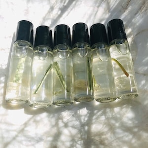 Op de afbeelding: Zeven transparante glazen rollerflessen met zwarte dopjes, elk met een klein stukje gedroogd plantenmateriaal. De flessen zijn in een rij op een wit oppervlak gerangschikt.