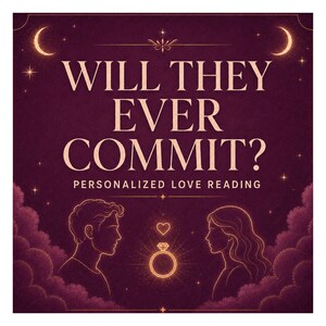 Könnte beinhalten: Eine dunkelviolette Grafik mit dem Text WILL THEY EVER COMMIT? PERSONALIZED LOVE READING. Das Design zeigt zwei einander zugewandte Profilsilhouetten, einen leuchtenden Diamantring, ein kleines Herz und Mondsicheln in den Ecken.