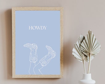 Impresión azul claro de Western Howdy, vaquera de moda, arte de pared del oeste, botas de vaquero, descarga digital, arte imprimible