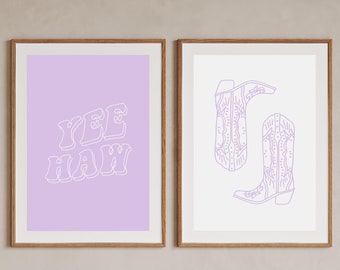 Conjunto de 2 impresiones Western Lavender, vaquera de moda, arte de pared western, botas de vaquero moradas, descarga digital, arte imprimible