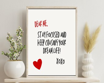 Impresión motivacional, Mantente enfocado y sigue persiguiendo la vida de tus sueños, arte de pared, cita inspiradora, descarga digital en rojo, diseño elegante y moderno