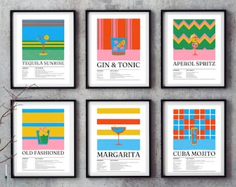Trendy Cocktail Prints, Retro Classic Cocktails Recipes Wall Art, Set of 6 Digital Download, Kitchen and Bar Decor, Bright Colorful Prints