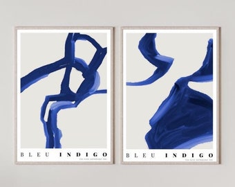 Impresiones abstractas en azul, carteles de inspiración minimalista, descarga digital del juego de 3 Bleu Indigo, decoración de pared estética y moderna, tonos neutros