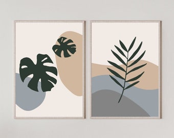 Impresiones de hojas abstractas azules, carteles de hojas inspirados en la naturaleza, juego de 2, descarga digital, decoración de pared estética y moderna, tonos naturales