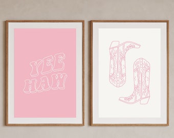 Conjunto de 2 impresiones en rosa claro occidental, vaquera de moda, arte de pared occidental, botas de vaquero, descarga digital, arte imprimible