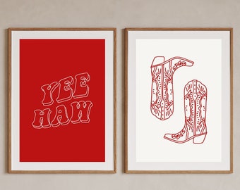 Conjunto de 2 impresiones en rojo occidental, vaquera de moda, arte de pared occidental, botas de vaquero, descarga digital, arte imprimible